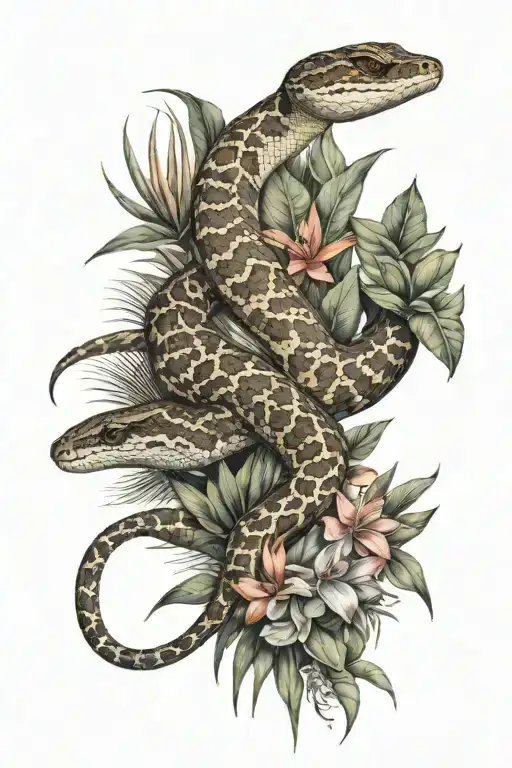 Western Diamondback Rattlesnake And Eastern Diamondback Rattlesnake Wrapped Around Bird Of Paradise