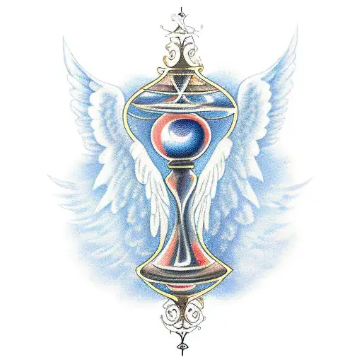 An Hourglass With Angel Wings And A Celestial Background