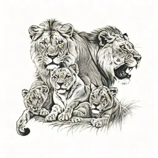 Lion Lioness And 3 Cubs Playing