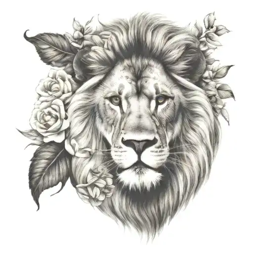 Male Lion With A Floral Background