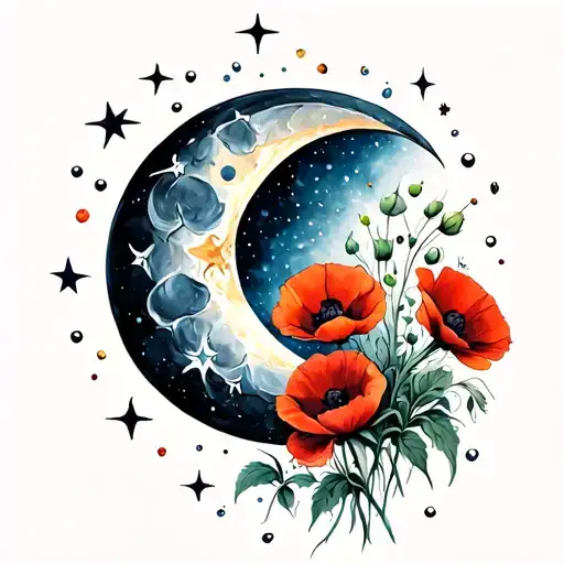 Crescent Moon With Stars Around It And Poppies On It
