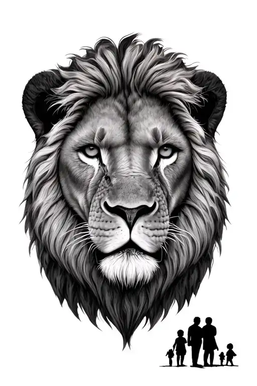 The Head Of A Lion On The Forearm With The Silhouette Of 2 Parents With 2 Boy And A Girl