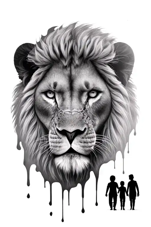 The Head Of A Lion On The Melted Forearm With The Silhouette Of 2 Parents With 2 Boy And A Girl