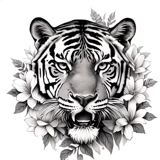 Tiger With Flowers Intertwined