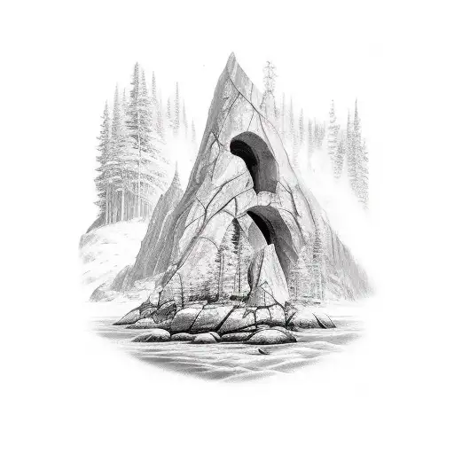 Black And White Tattoo Design Of Excalibur In The Rock With Forest In The Background