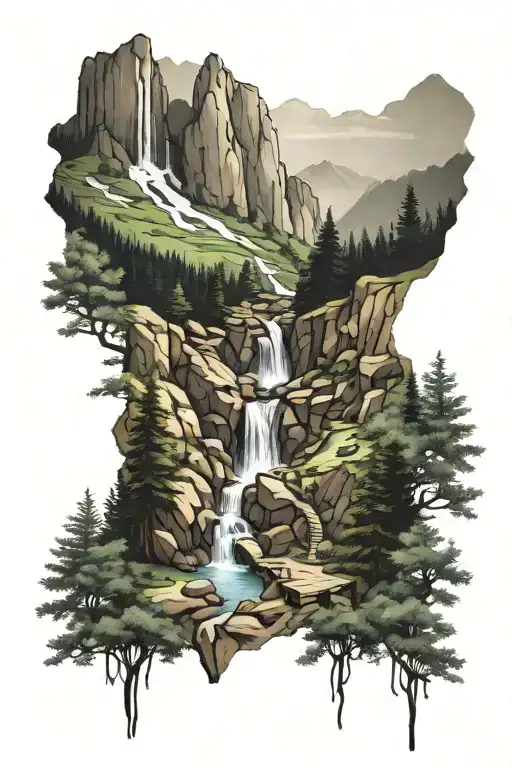 A Realistic Hiking Trail Leading Through A Forest With Mountains And A Waterfall In The Background