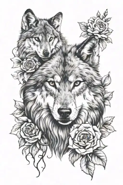 Wolf On Girls Head Wearing And Scull At The Bottom And At The Background Is Flowers