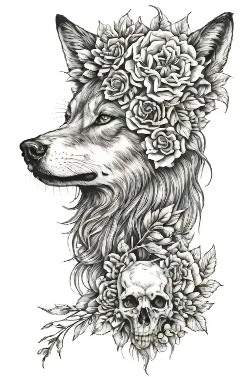 Wolf On Girls Head Wearing And Scull At The Bottom And At The Background Is Flowers