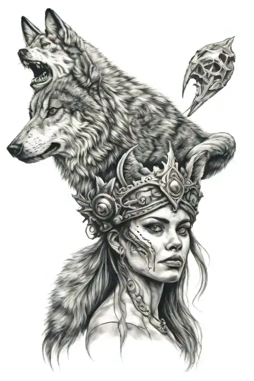 Wolf Is On The Girl Head And Skull At The Bottom