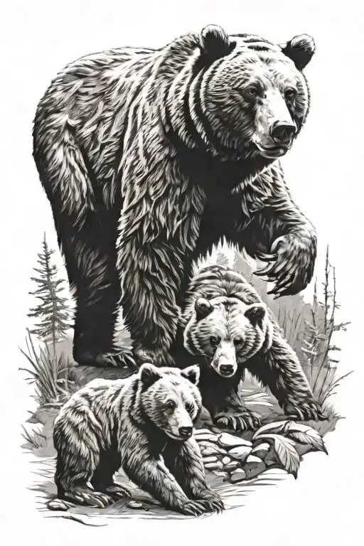 A Bear And 2 Cubs Playing