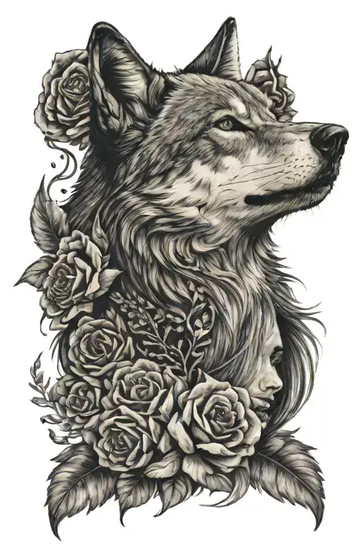 Wolf Is On The Girl Head And Skull At The Bottom In Background Is Flowers