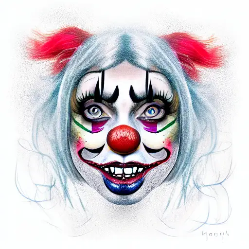 Clown Maniac With A Wig Round False Nose In Makeup With A Wide Scary Smile And S