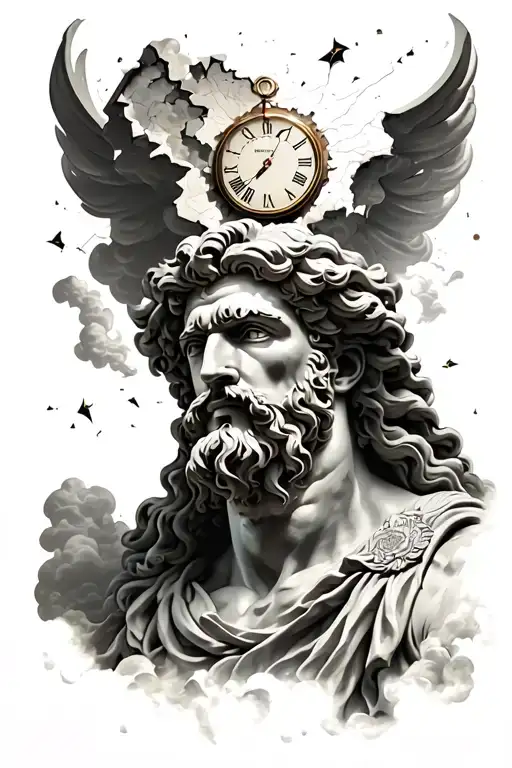 Zeus In The Clouds With A Broken Clock Behind His Head Protruding Above His Head