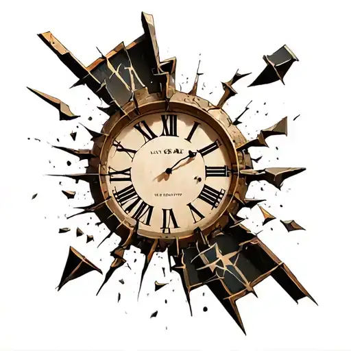 Broken Shattered Clock With Roman Numerals And Pieces Flying Off Of It