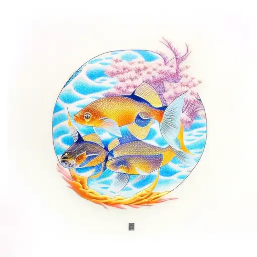 Japanese Golden Fish With The Pisces Constellations Behind