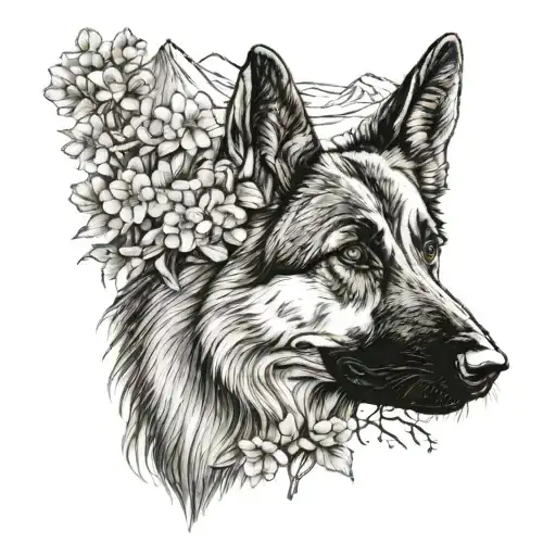 German Shepherd Mountains Flowers Trees