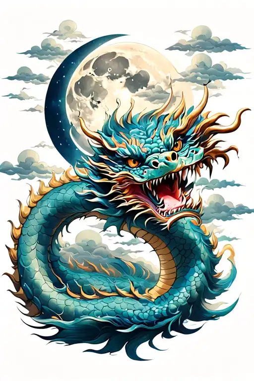 Japanese Dragon With Moon And Clouds