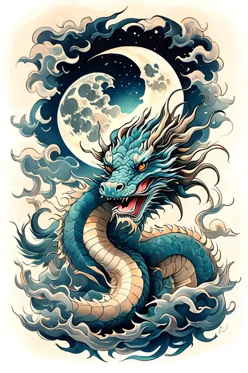 Japanese Dragon With Moon And Clouds