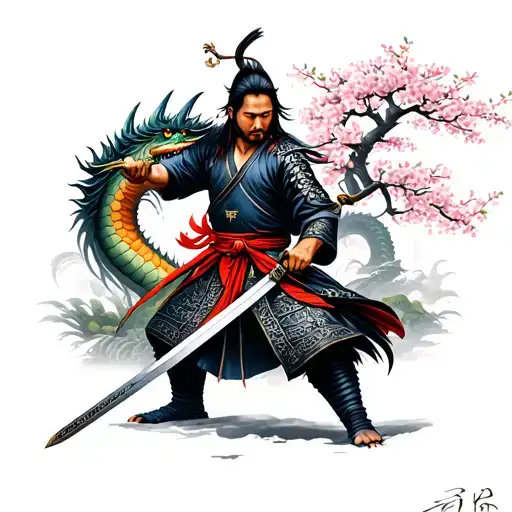 Japanese Samurai Warrior Wielding A Sword With A Dragon And Cherry Blossom Tree In The Background