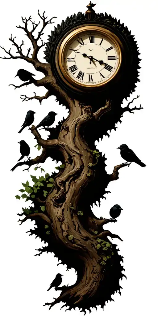 Tree With 3 Little Birds And Clock Face