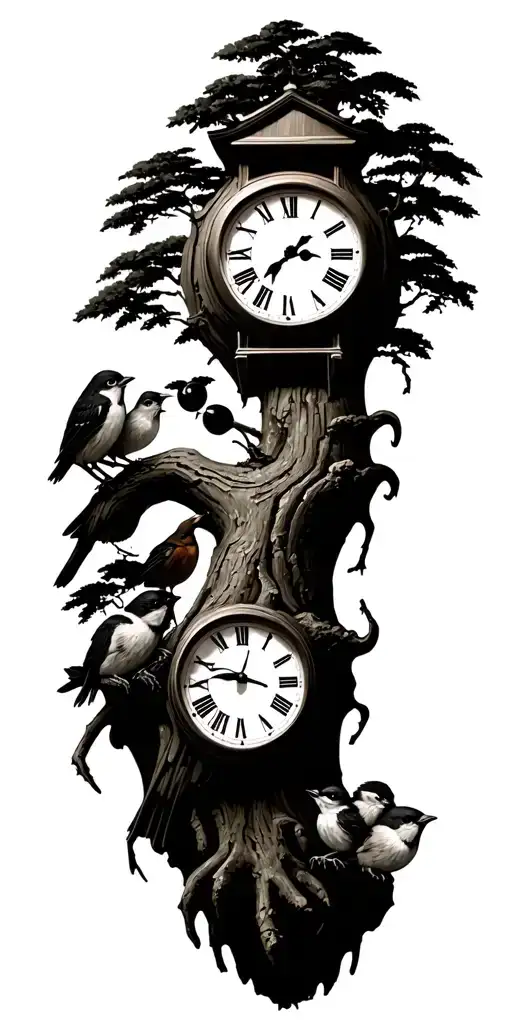 Tree With 3 Little Birds And Clock Face
