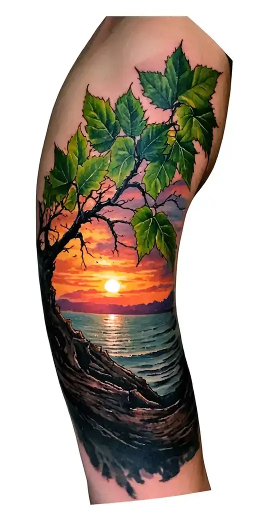 Tree Branch With 3 Leaves Sunrise