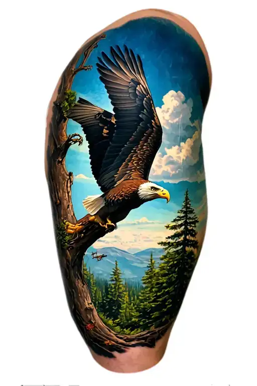 Eagle Landing On Tree And Nature And Technology