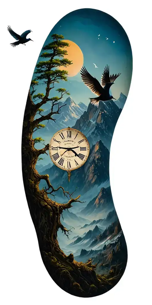 Moutains Tree Clock Birds Flying
