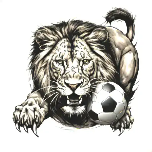 Lion Head Biting A Soccer Ball With An Aggressive Background