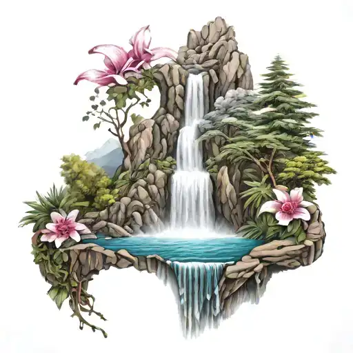 Landscape With Flower And Waterfall Flowing