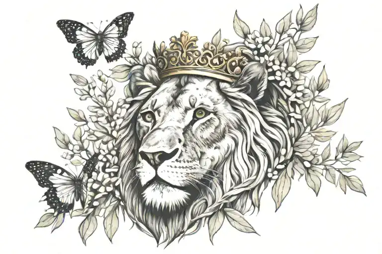 Lion Head With A Crown Made Of Olive Branches And Butterflies Above The Olive Branches