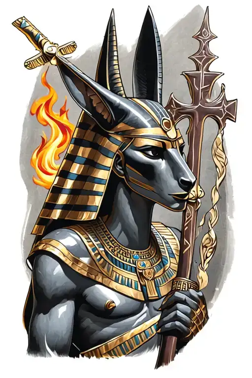 God Anubis With A Scepter And A Flaming Egyptian Cross