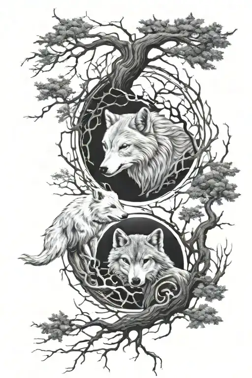 Yin Yang Tattoo The White Wolf Vs The Black Wolf With The Moon And Some Trees