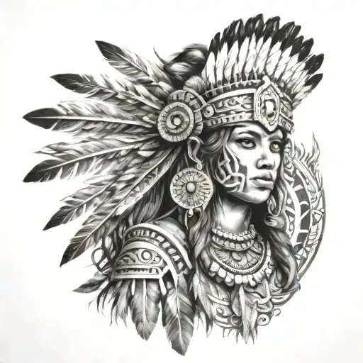 Aztec Warrior Girl Feathers Crown Surrounded