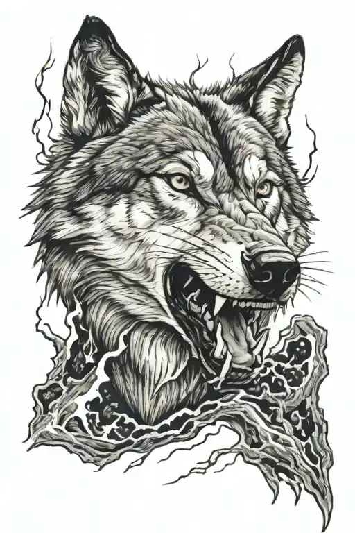 Wolf With Teeth And Lightning Storm