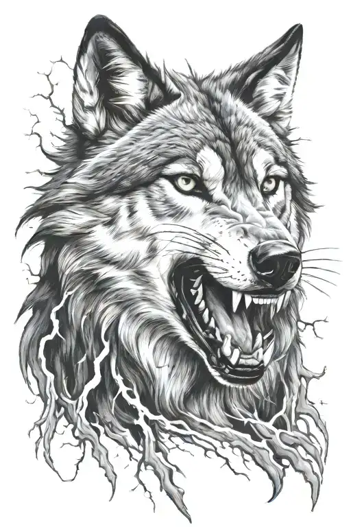 Wolf With Teeth And Lightning Storm