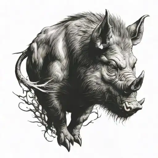 Angry Boar Pig With One Big Tusk And One Broken Tusk