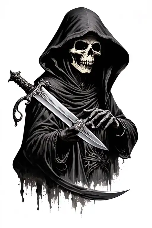 Hooded Grim Reaper With Most Of Skull Hidden Inspecting A Dagger