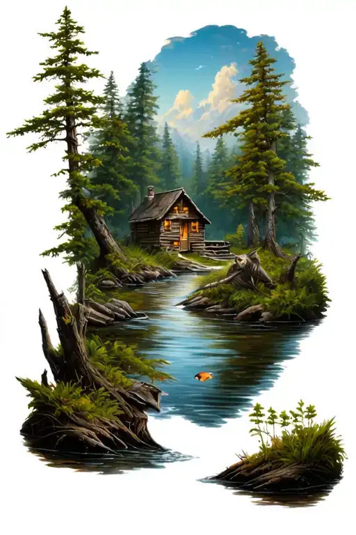 Cabin Forest With A Watercourse With Owl Fish