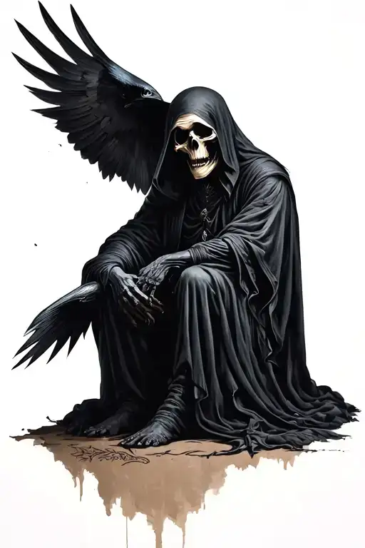 Menacing Grim Reaper Sitting With Raven