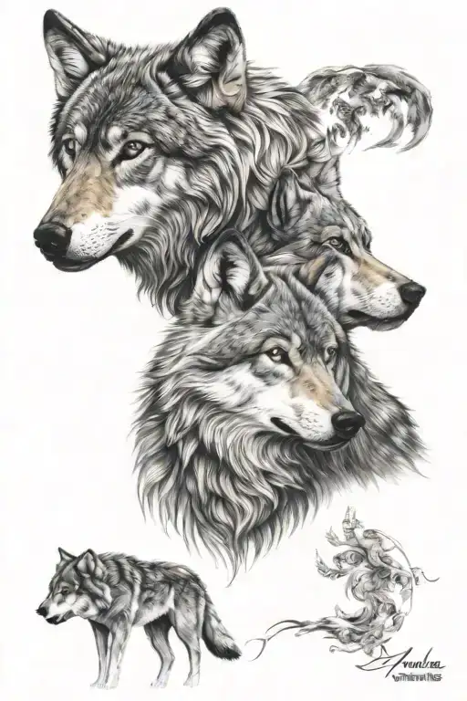 Realistic Wolf Couple Tattoo Design Featuring Intricate Patterns