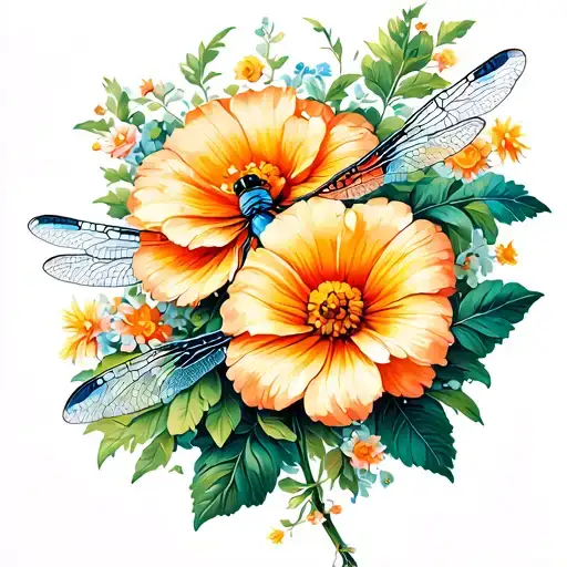 Dragonfly With Marigolds Morning Glory's Cosmos