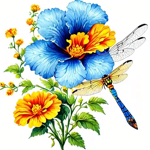 Dragonfly With Marigolds Morning Glory's Cosmos Combine The Strength
