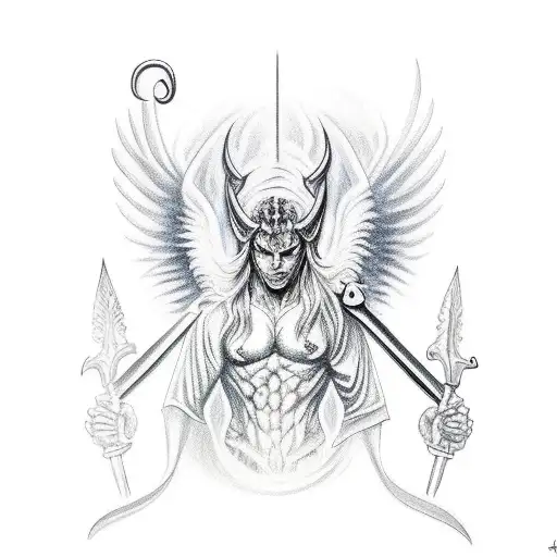 Lucifer Holding Sword To Gabriel