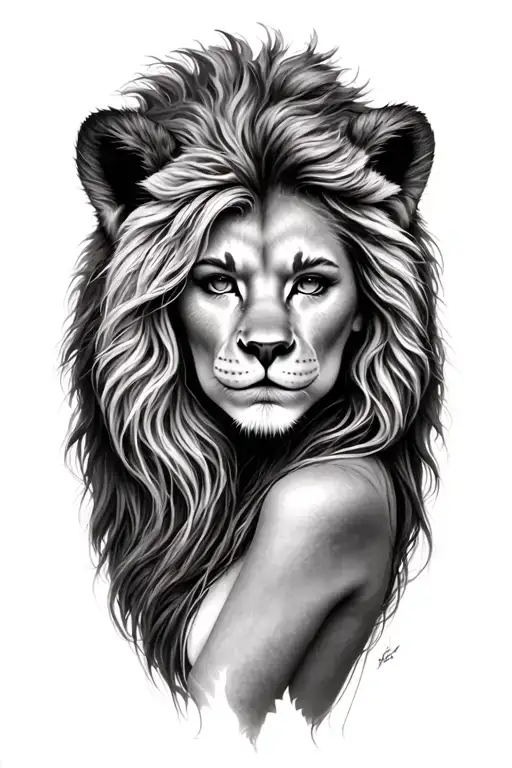 Woman With Lion Head On Top Of Hers