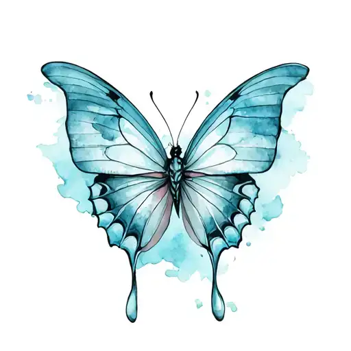 And A Beautiful Butterfly Painted In Turquoise Blue Monochromatic Watercolor