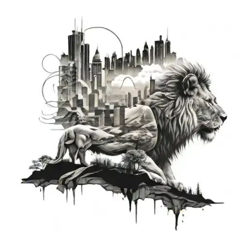A Futuristic City Skyline With Hidden Hiking Trails And A Lion Overlooking The Cityscape