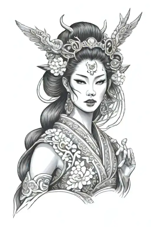 Half Body Portrait Of A Beautiful Geisha With Long Hair Holding An Oni Mask In Her Left Arm