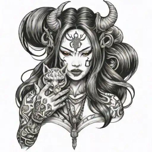 Half Body Portrait Of A Beautiful Woman With Long Hair Holding An Hannya Mask In Her Left Hand