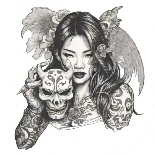 Half Body Portrait Of A Beautiful Woman With Long Hair Holding An Hannya Mask In Her Left Hand